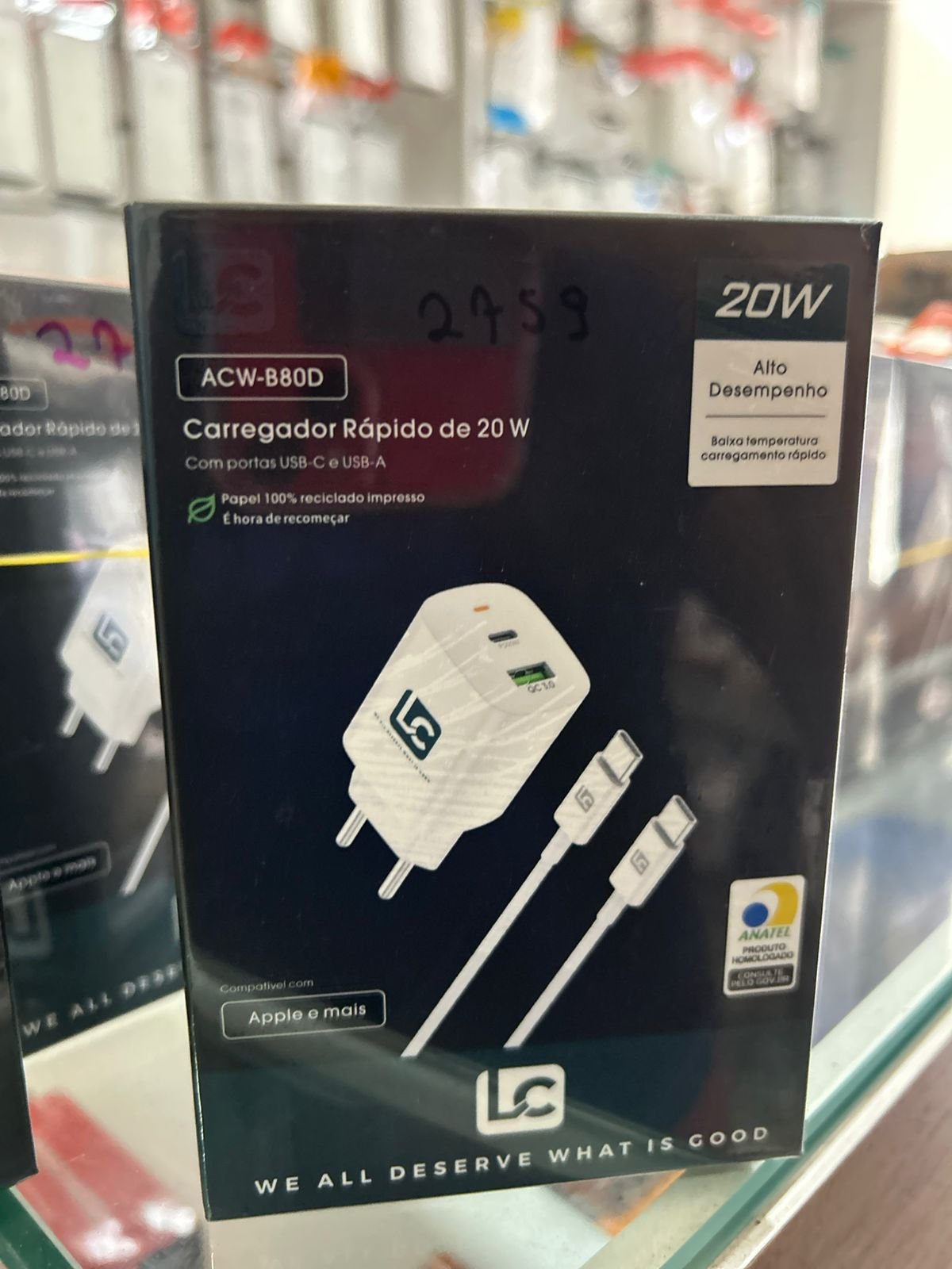 CARREGADOR LC 20W(COM LED) TIPO C/USB -TIPO C(ACW-B80D